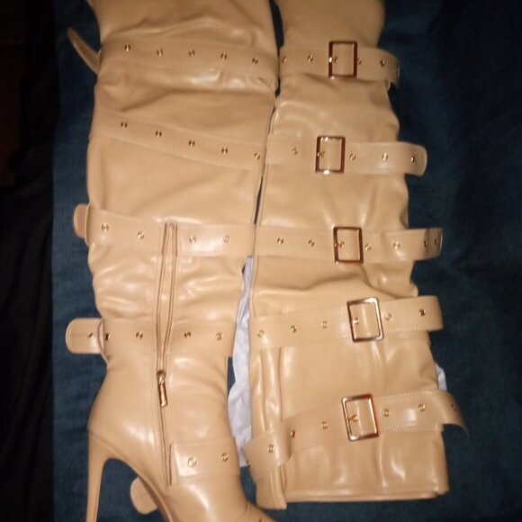 " BUCKLED  UP BABE  "  Over The Knee Heeled Boots - Nude ( BRAND NEW !!!!!! - Picture 6 of 6